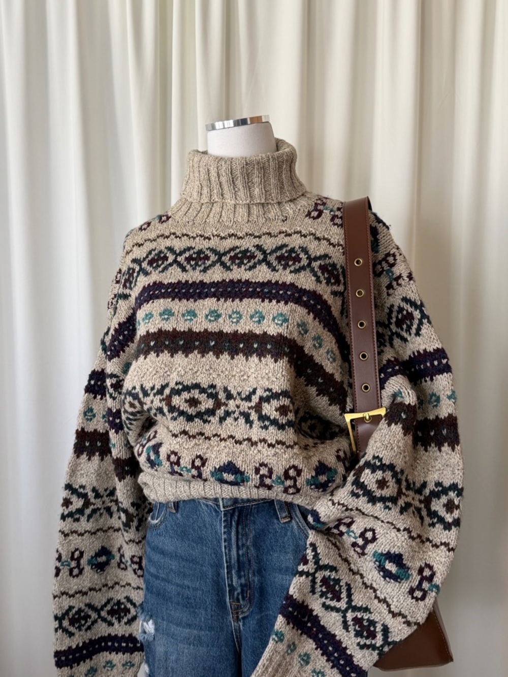 Vintage 1980’s POLO Ralph Lauren Hand knit Fair Isle turtleneck sweater large - Picture 8 of 13